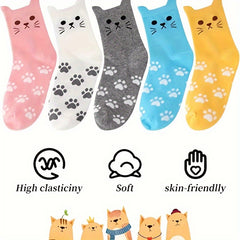 Men's Cartoon Cat Crew Socks 5 Pairs Cotton Blend Casual Unisex Socks