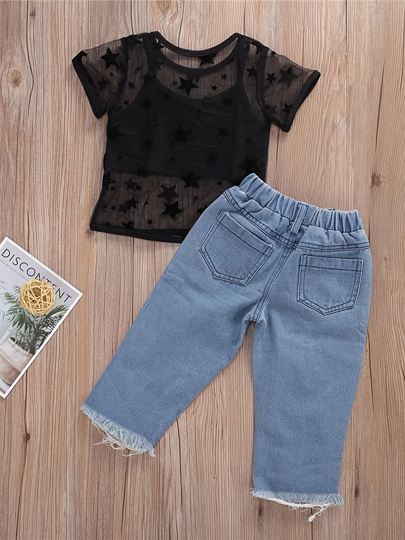 Girls Cami Top & Star Print T-shirt & Jeans Set