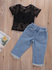 Girls Cami Top & Star Print T-shirt & Jeans Set