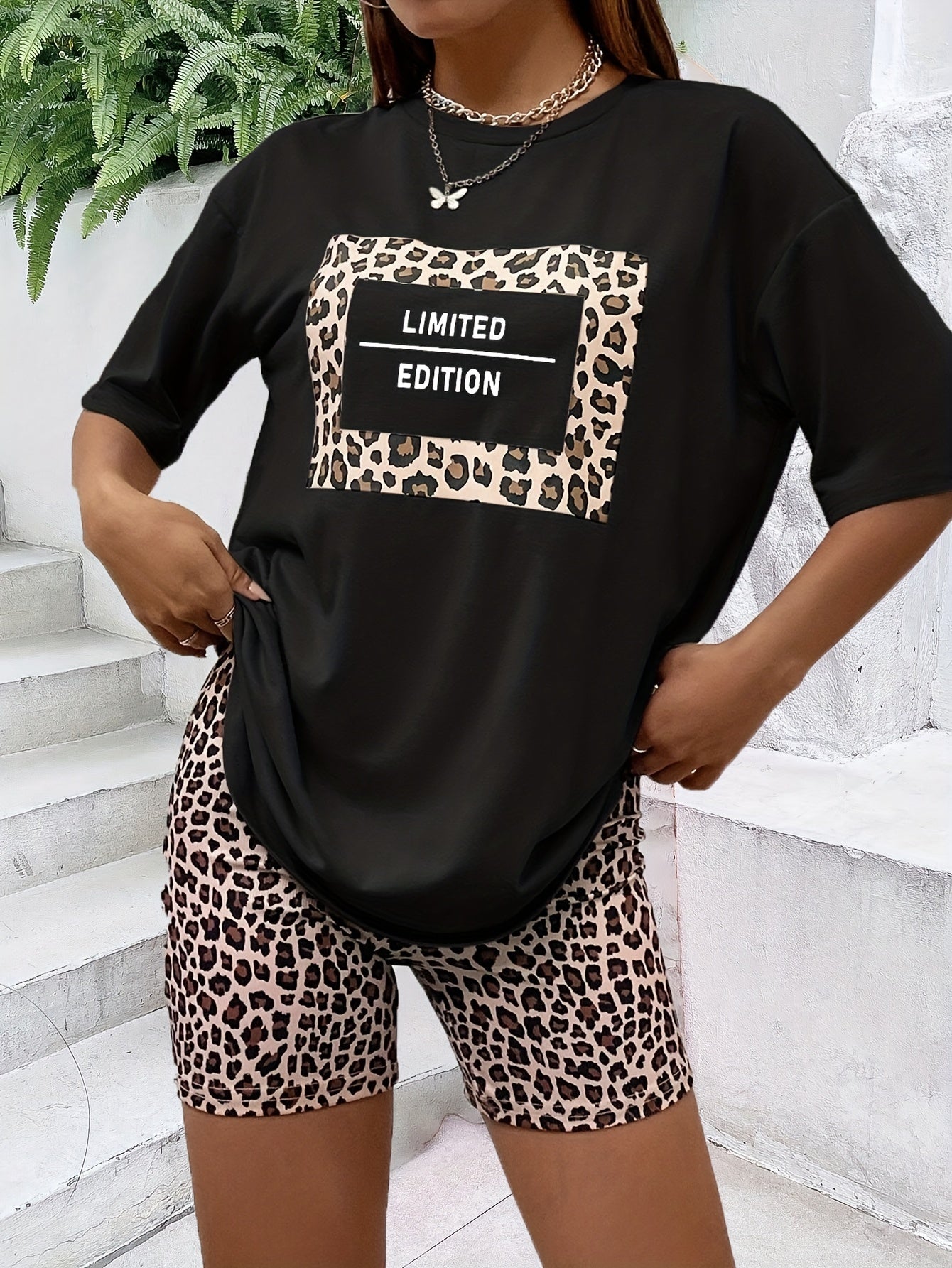 Leopard Print Two Piece Set Casual Short Sleeve T shirt & Skinny Shorts