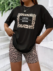Leopard Print Two Piece Set Casual Short Sleeve T shirt & Skinny Shorts