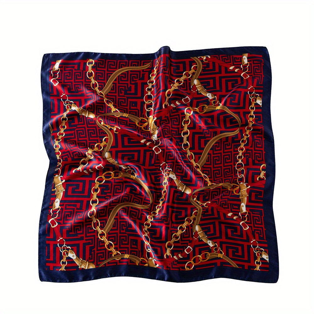 Red Geometric Print Square Scarf Vintage Chain Pattern Satin Shawl