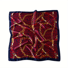 Red Geometric Print Square Scarf Vintage Chain Pattern Satin Shawl