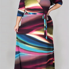 Women's Plus Ombre Print Half Sleeve Maxi Dress With Belt