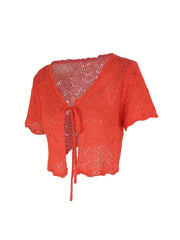 Tie Front Knit Cardigan Solid Short Sleeve Sweater