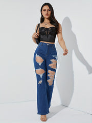 Destroyed Legs Stretchy Bootcut Jeans High Waist Distressed Ripped Flare