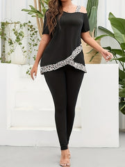 Leopard Print Splice Top & Solid Leggings Set