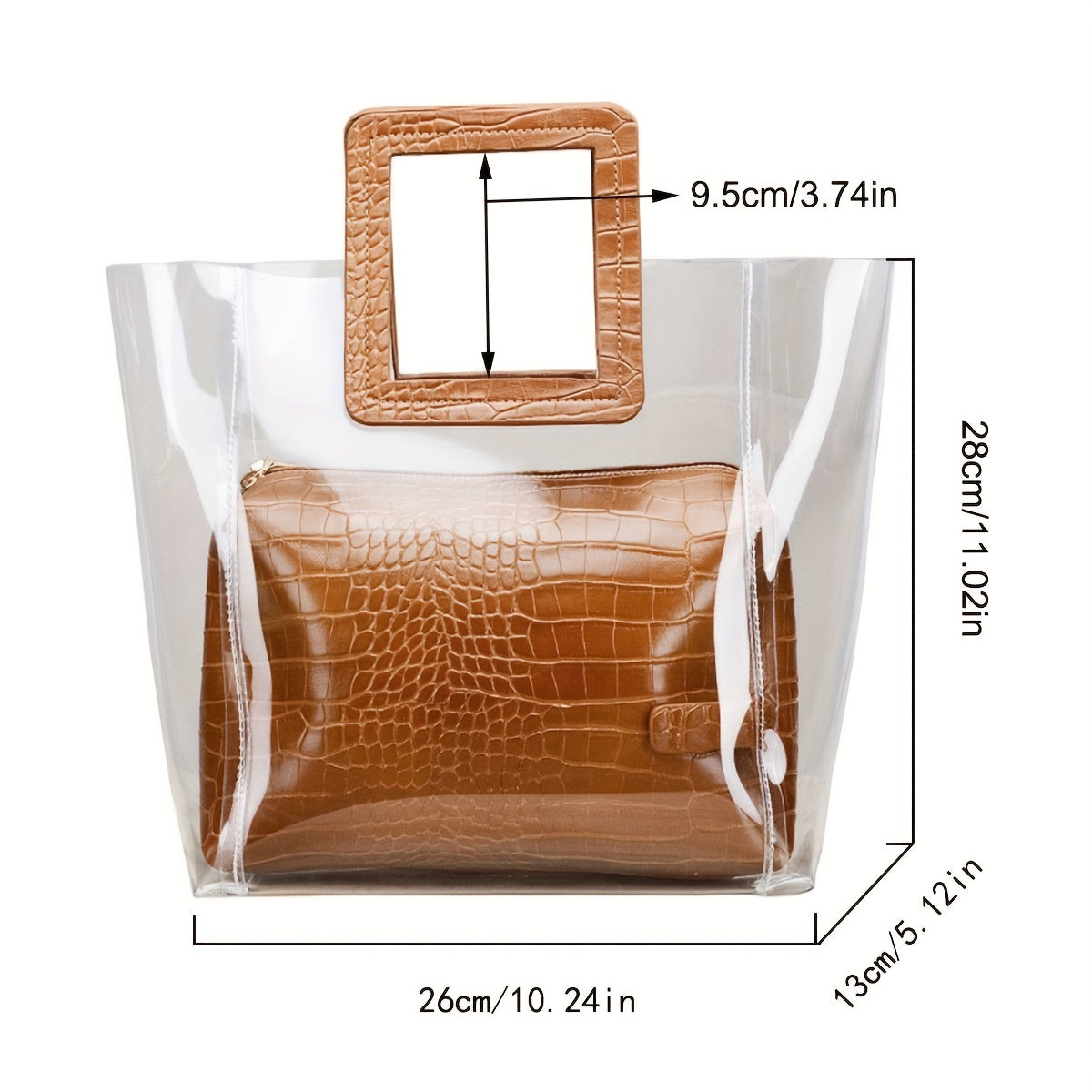 2pcs Transparent Tote Bag Set Crocodile Pattern Handle