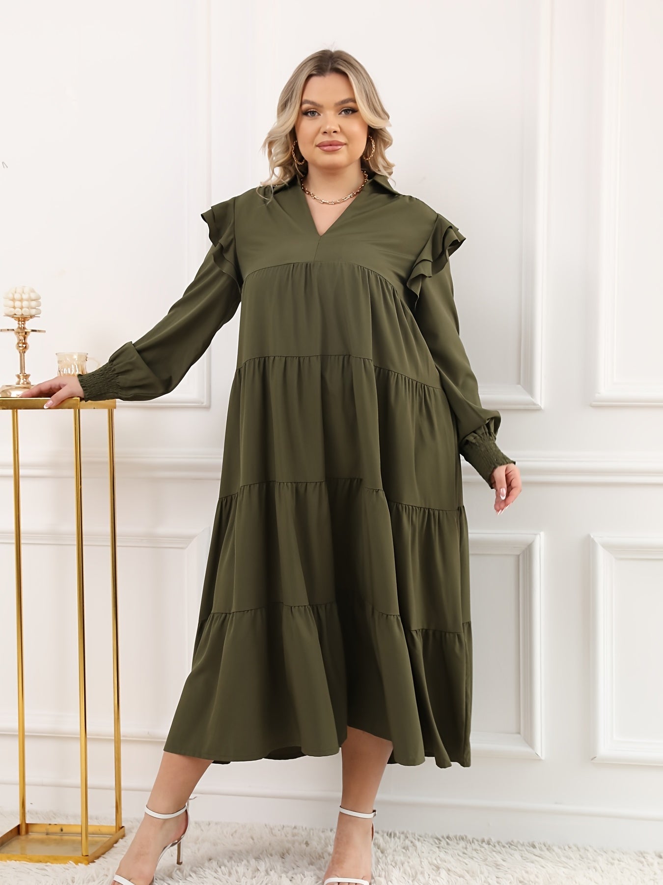 Retro Dress Long Sleeve Ruffle Trim V Neck Maxi Dress