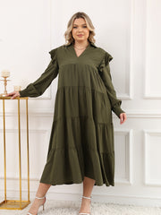 Retro Dress Long Sleeve Ruffle Trim V Neck Maxi Dress