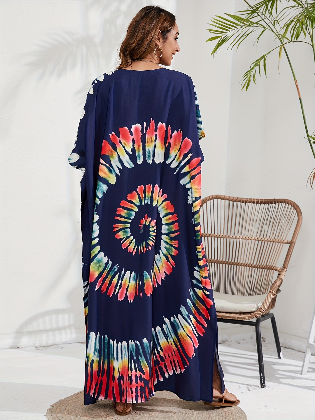 Boho Cover Up Spiral Tie Dye Batwing Sleeve V Neck Split