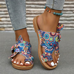 Women's Bowknot Sandals Floral Printed Slip On Toe Loop Casual Flat Summer Shoes