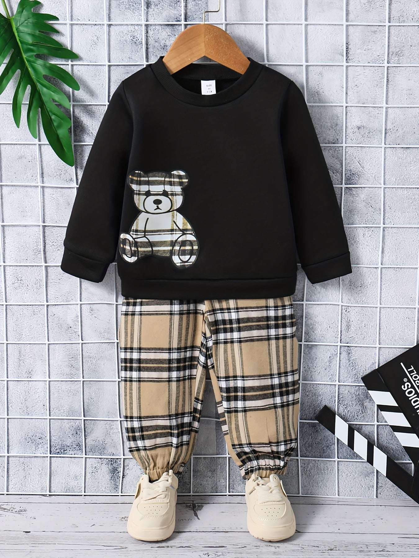 Baby Boys Cartoon Bear Tops Plaid Trousers Set Kids Clothes