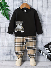 Baby Boys Cartoon Bear Tops Plaid Trousers Set Kids Clothes