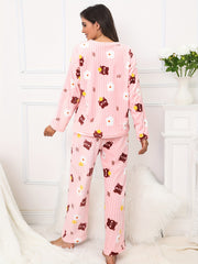 Bear & Floral & Stripe Print Pajamas Set Long Sleeve Round Neck Plush