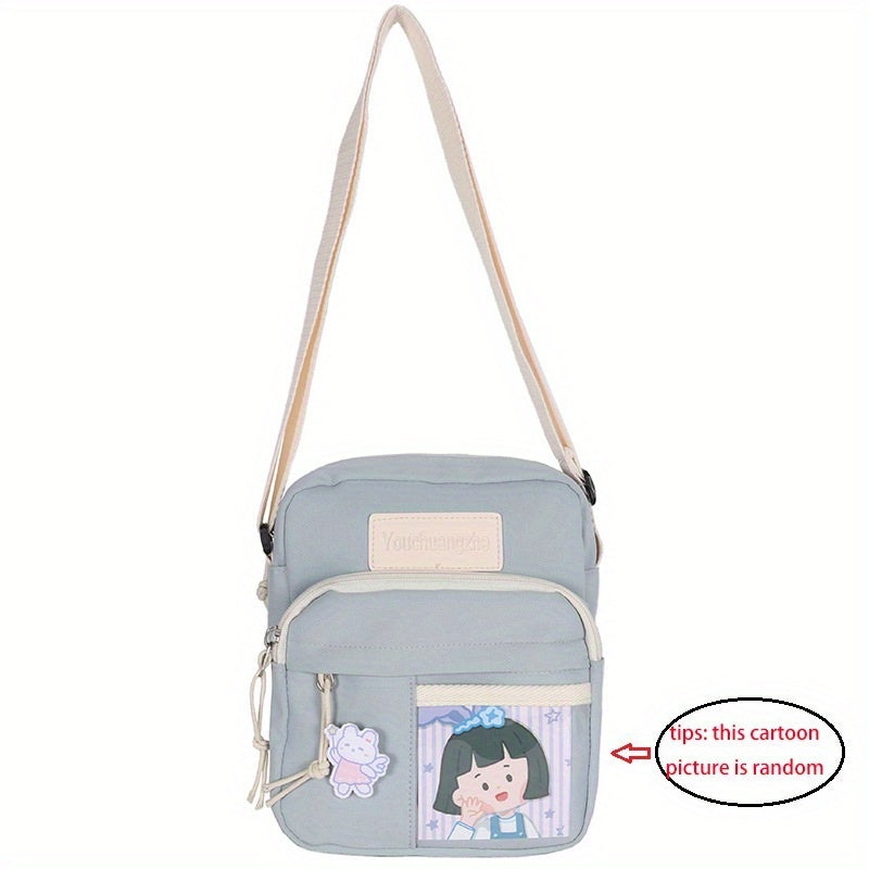 Cartoon Nylon Crossbody Bag With Bear Doll & Badge for Kids