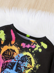 Girl's Trumpet Sleeve Top & Flared Pants Set Colorful Paint Print Outfits