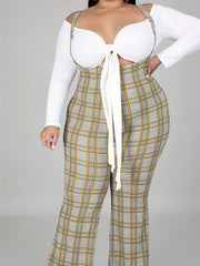 Long Sleeve Crop Top & Plaid Wide Leg Jumpsuit Set