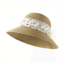 Summer Wide Brim Bucket Hat Faux Pearl Strap Sunscreen Straw Hats Fisherman Cap
