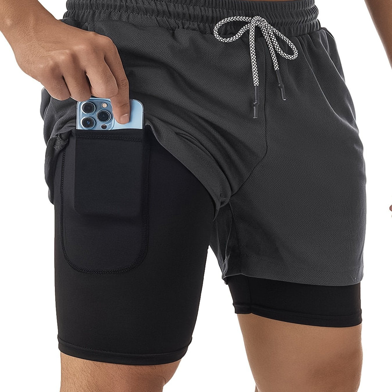 Men's 2-Layer Gym Running Shorts w/ Pockets Quick Dry Active Drawstring
