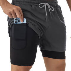 Men's 2-Layer Gym Running Shorts w/ Pockets Quick Dry Active Drawstring