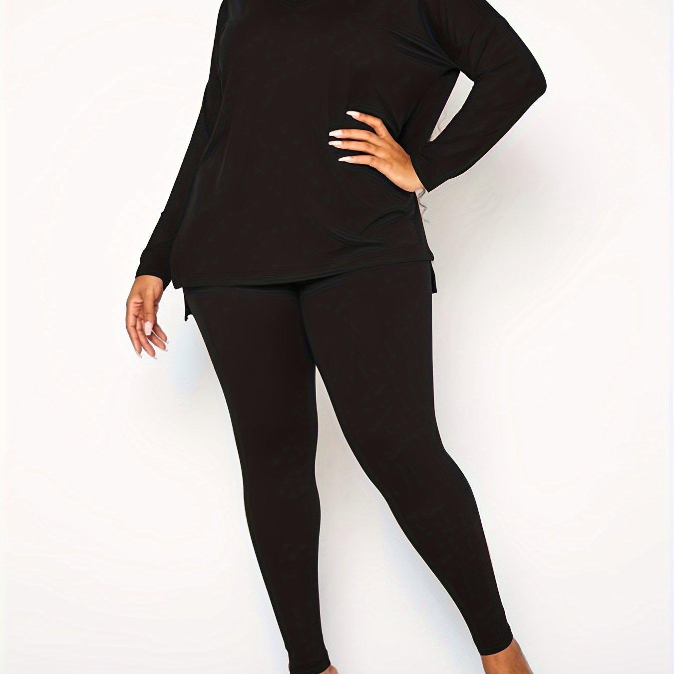2-Piece Set Solid V Neck Top & Pants Outfits