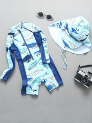 Boy's Whale Graphic One Piece Swimsuit Short Sleeves Zip Up Swimwear
