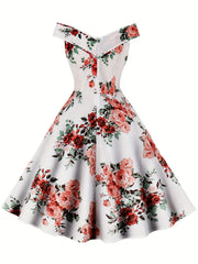Vintage Floral V Neck Dress Pleated Party Dress Women's Clothing