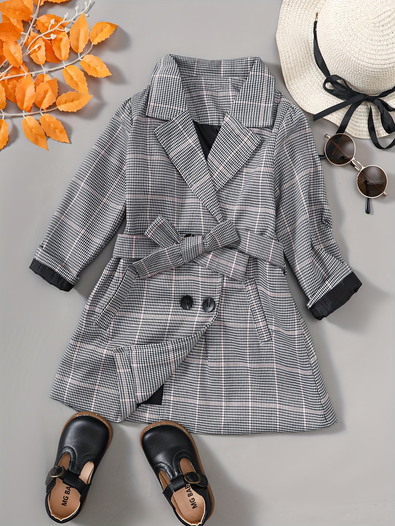 Girls Houndstooth Plaid Peacoat Jacket Kids Overcoat Fall Spring