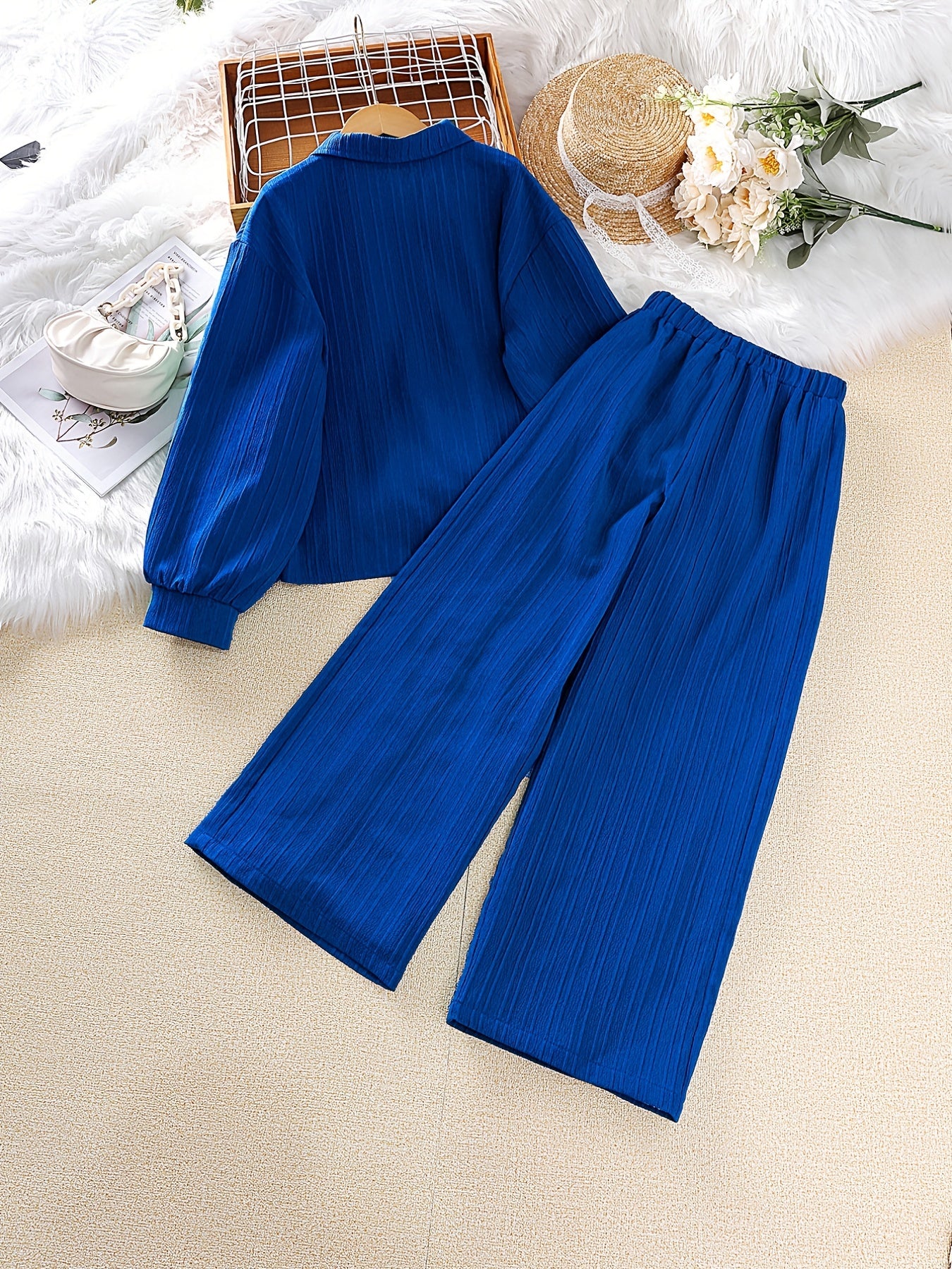 Girls Long Sleeve Button Down Blouse Top & Elastic Waist Wide Leg Pants 2pcs Set