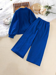 Girls Long Sleeve Button Down Blouse Top & Elastic Waist Wide Leg Pants 2pcs Set
