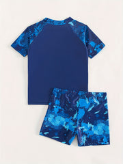 Boy's Sport Print Swimsuit Set - T Shirt & Shorts - Beach Vacation
