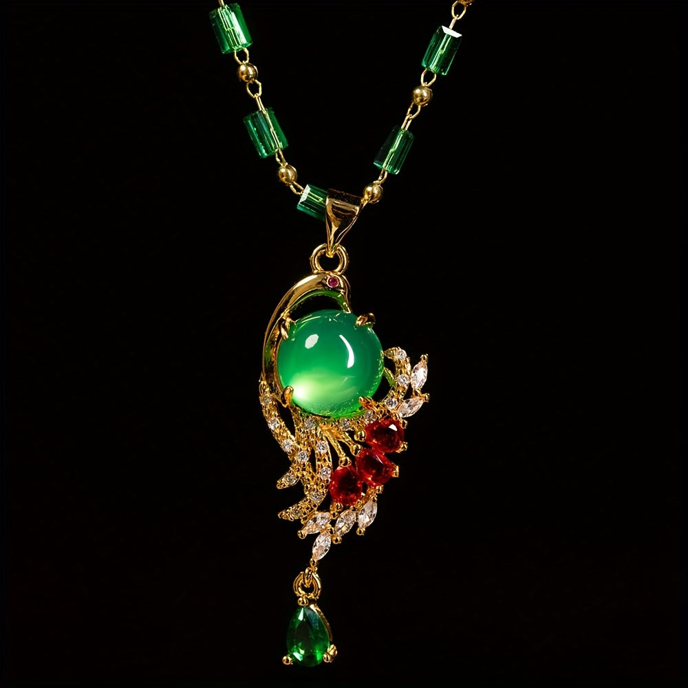 Golden Peacock Green Pendant Necklace - Timeless Beauty - Gift for Mother's Day