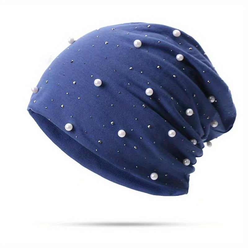 Faux Pearl Decor Beanie Solid Elastic Skull Cap Women Slouchy Baggy Hats
