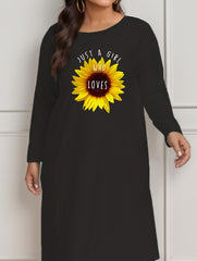 Sunflower Print Long Sleeve Lounge Dress
