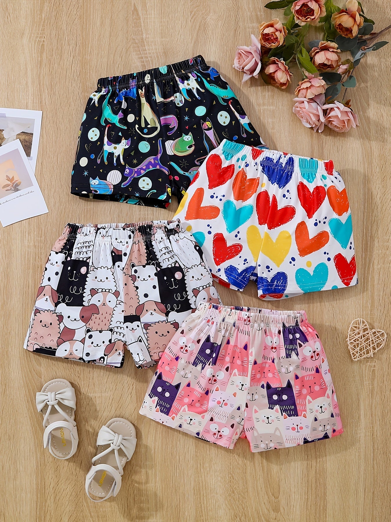 4pc Toddler Girls Animal & Heart Graphic Elastic Waist Sports Shorts
