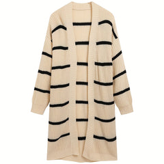 Striped Open Front Drop Shoulder Knit Cardigan for Women