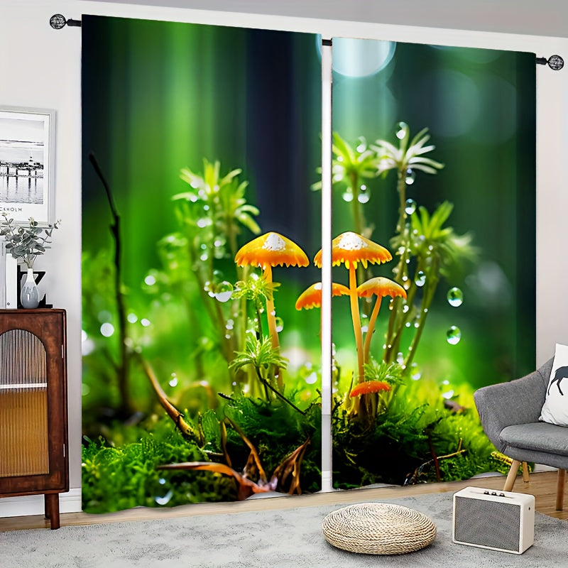 2pcs Green Mushroom Growth Curtain Window Curtain Outdoor Shelter Decor