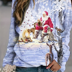 Santa Claus & Deer Print Sweatshirt Long Sleeve Pullover Women's Clothing
