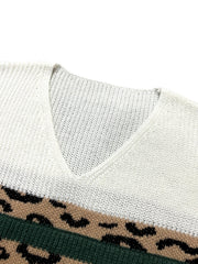 Colorblock Leopard V Neck Sweater