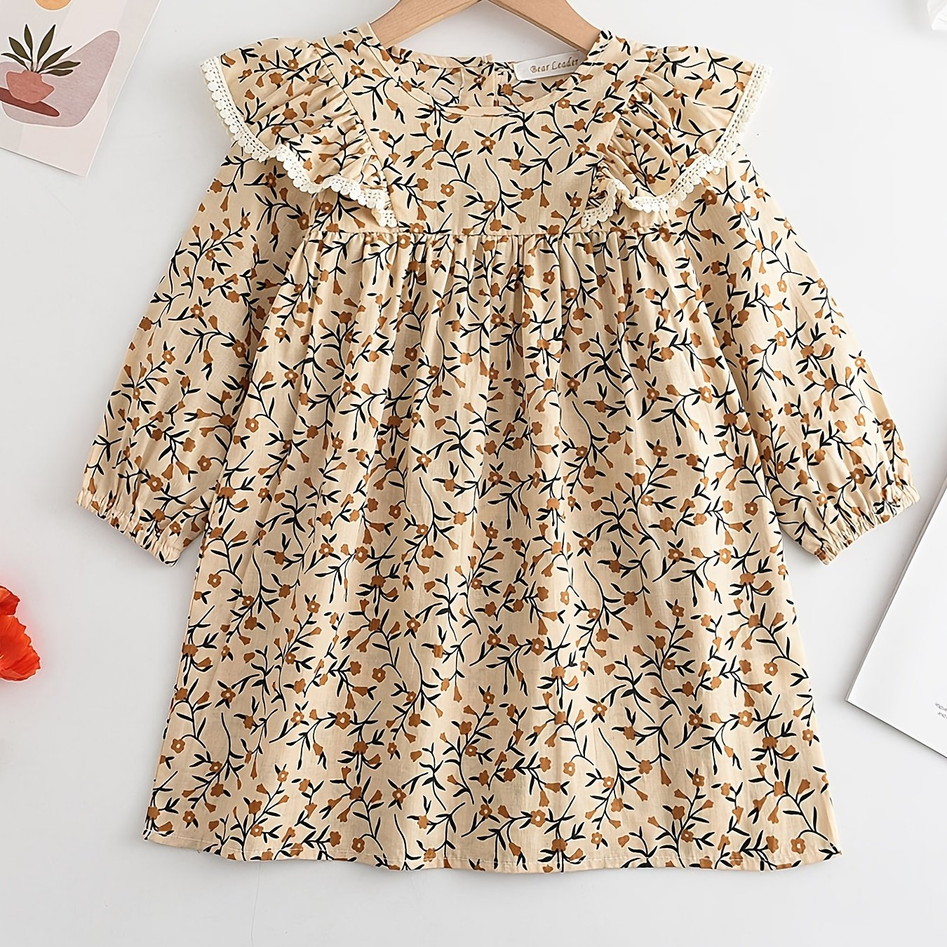 Toddler Girls Long Puff Sleeve Ruffle Trim Floral Princess Dress
