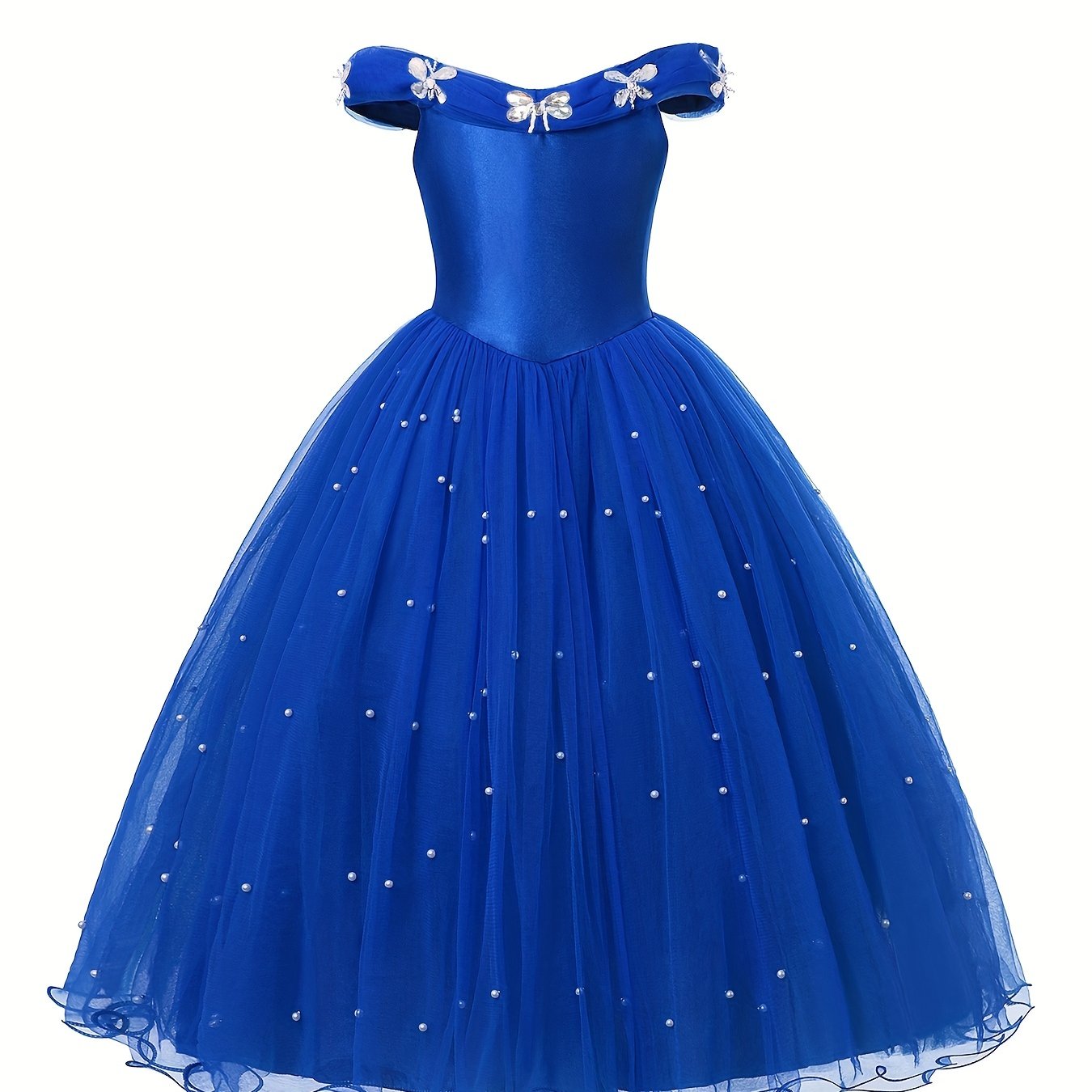 Girls Off Shoulder Tulle Princess Dress with Artificial Diamond and Pearl Decor