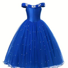Girls Off Shoulder Tulle Princess Dress with Artificial Diamond and Pearl Decor