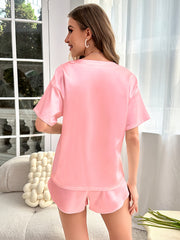 Solid Satin Lounge Set Short Sleeve Crew Neck Top & Shorts Women's Loungewear