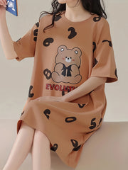 Bear Print Nightdress Short Sleeve Crew Neck Pajama Dress