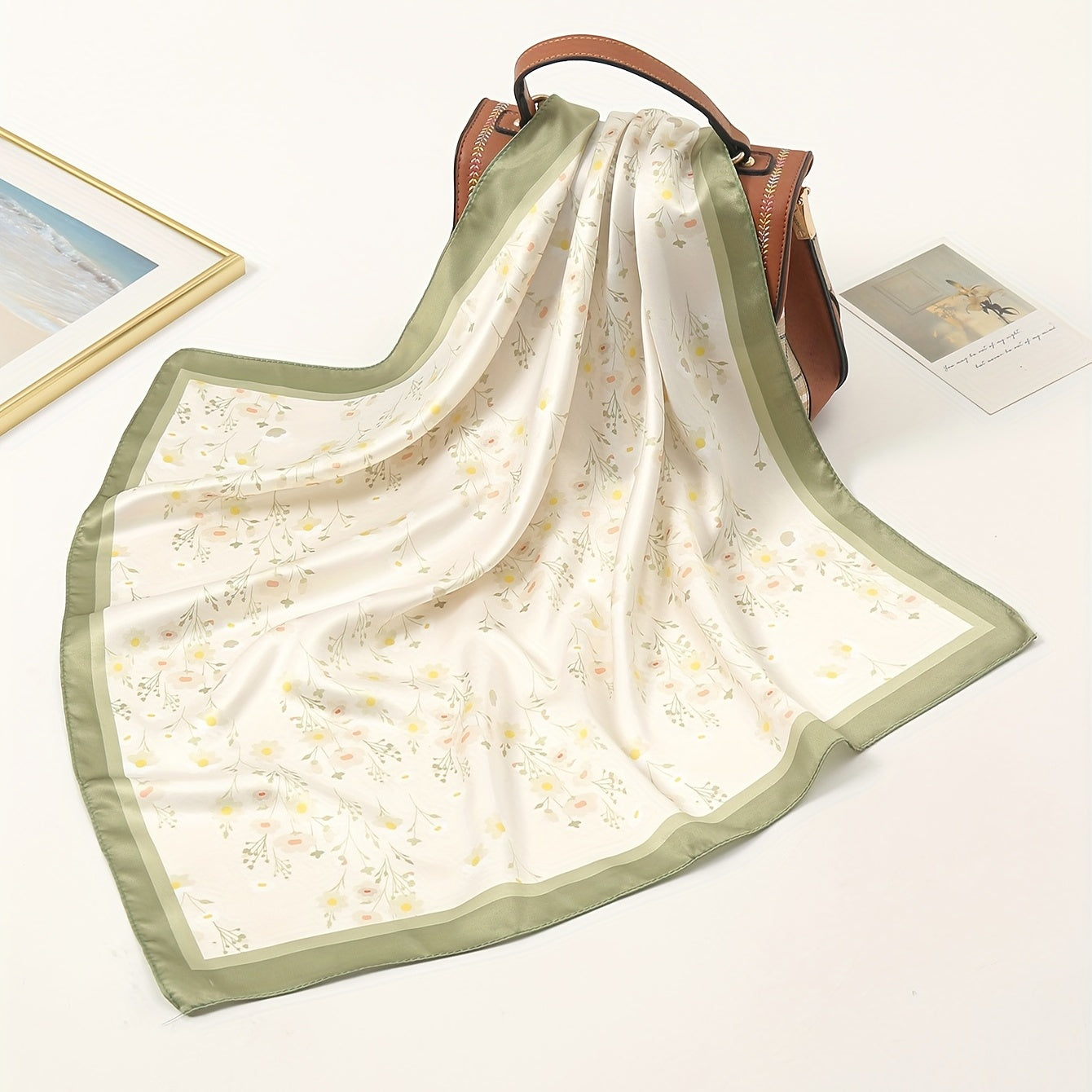 Yellow Floral Print Neckerchief Classic Square Scarf Satin Bandana