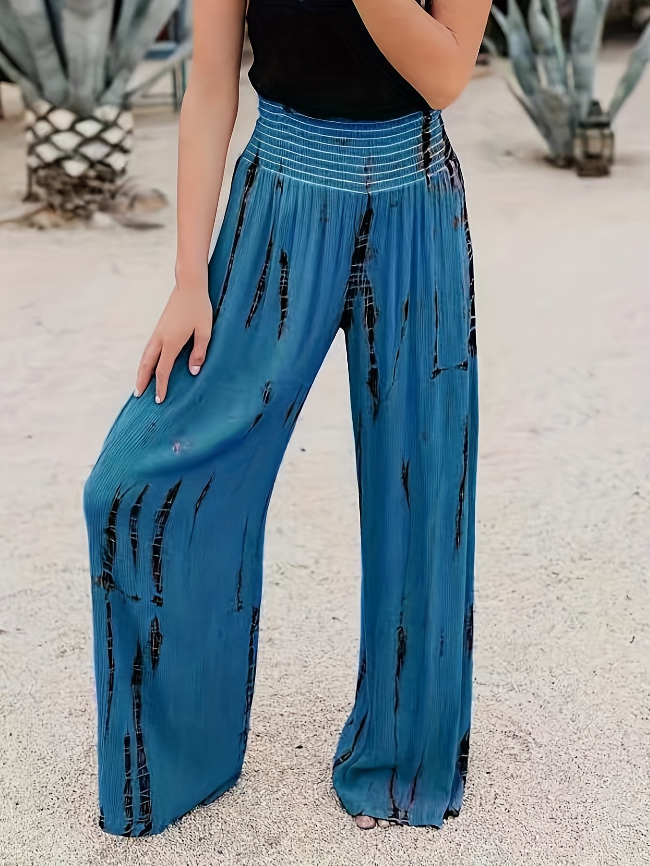 Tie Dye Wide Leg Pants Casual Shirred Waist Pants