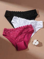 3pcs Lace Ribbed Briefs Stretchy Intimates Panties Women's Lingerie