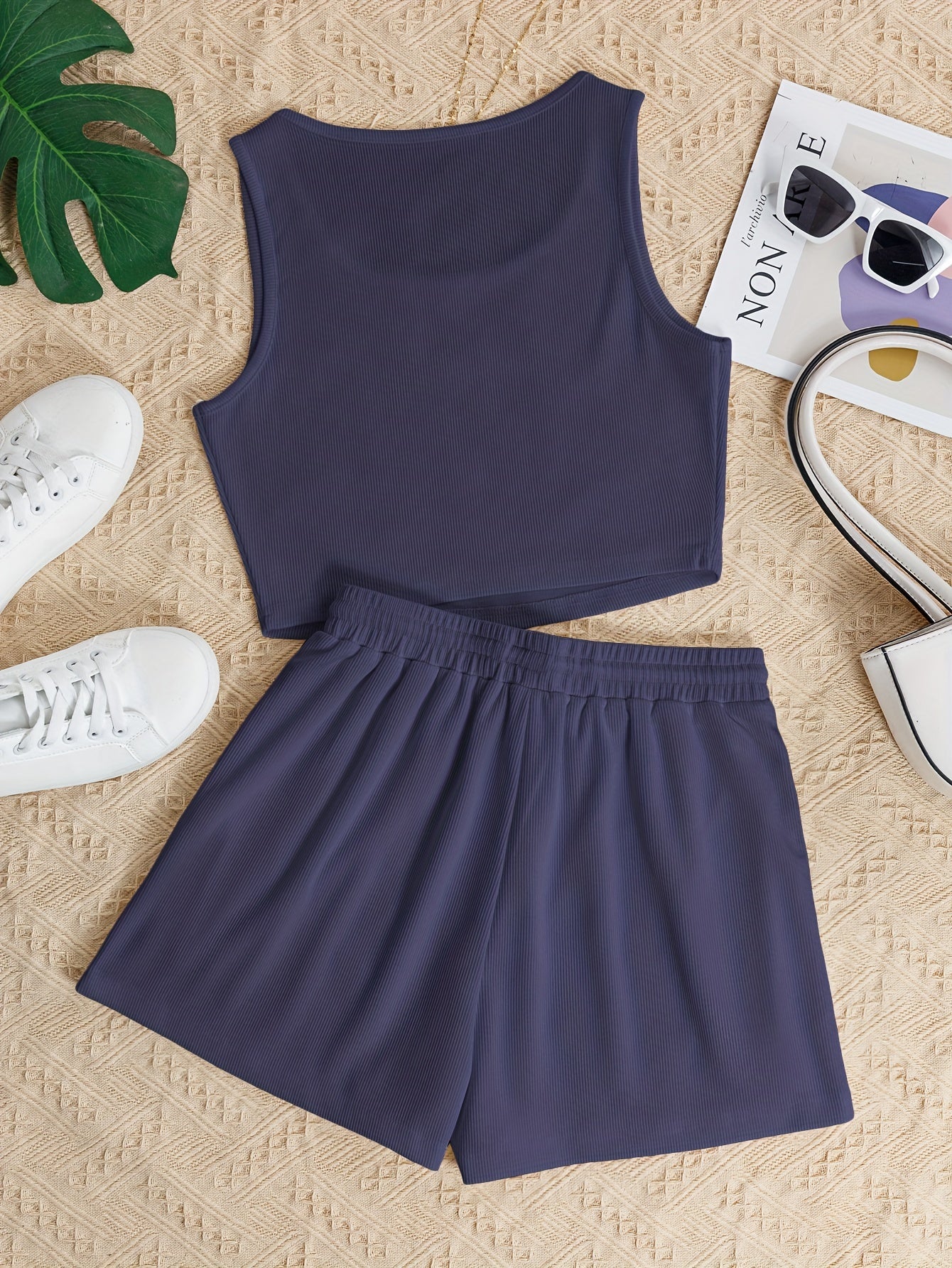 Solid Casual Two piece Set Sleeveless Crop Tank Top & Drawstring Waist Shorts
