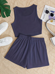 Solid Casual Two piece Set Sleeveless Crop Tank Top & Drawstring Waist Shorts